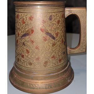 Vintage Brass Tankard Beer Stein with Etches Birds Leaves Glass Bottom